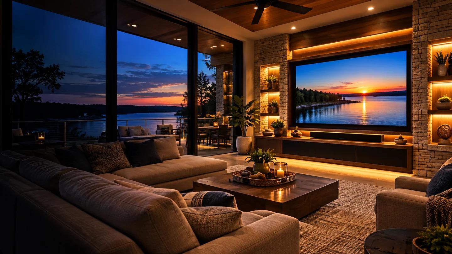 AI-generated lakeside living room with television, lighting and entertainment system