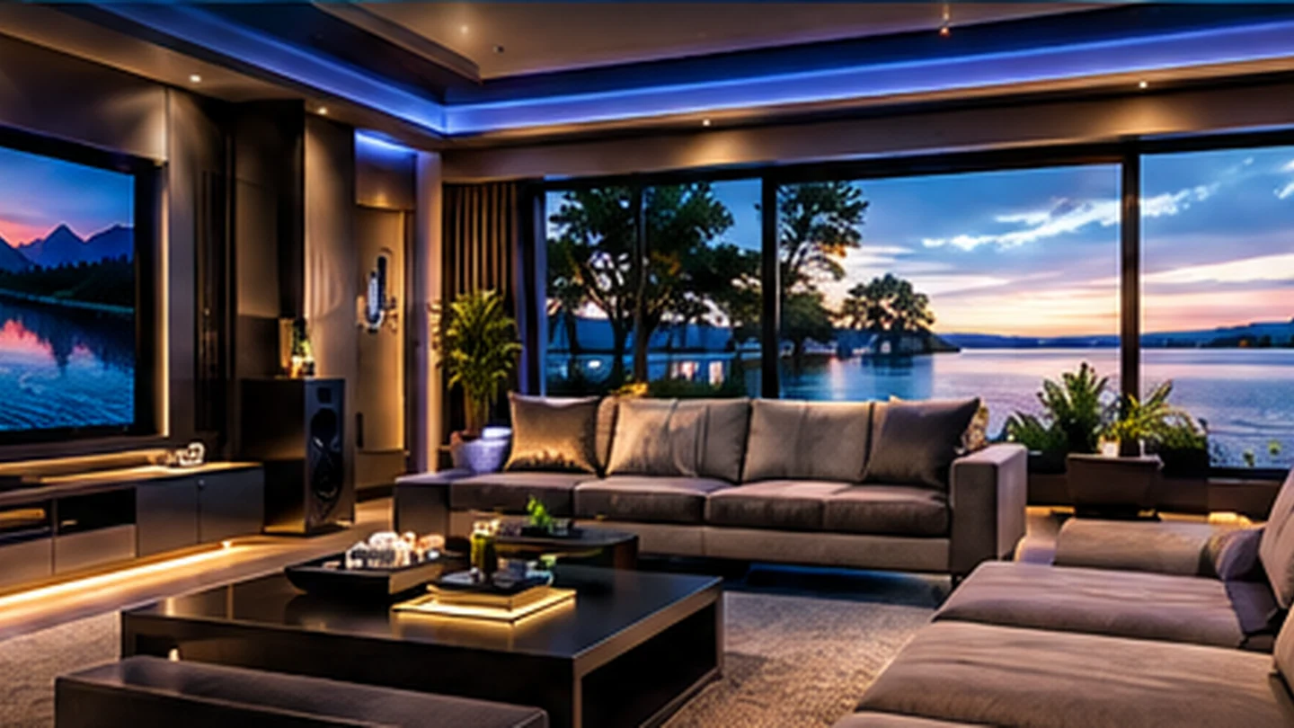 Illustrative room showing integrated TV, speakers and lighting