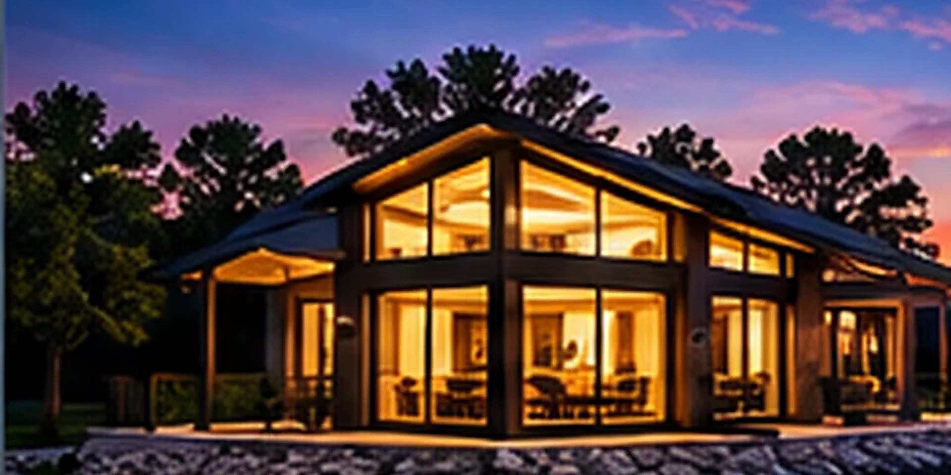 Conceptual modern lake home at twilight